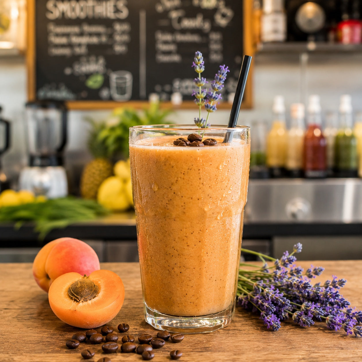 Aprikosen-Lavendel-Kaffee-Smoothie mit Espresso, Aprikosen, Lavendelblüten und Mandeldrink im Glas.
