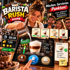 Dampfende Espressomaschine im hektischen Café-Rush mit wartenden Kaffeetassen auf Tresen im dramatischen Licht