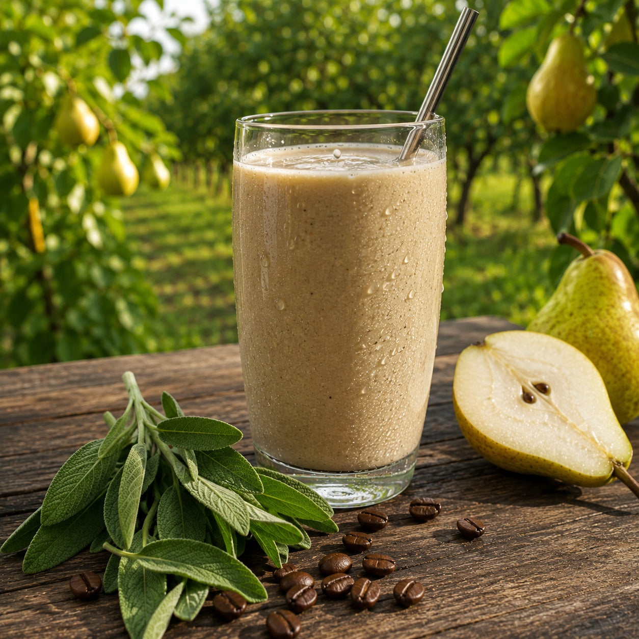 Birne-Salbei-Espresso-Smoothie mit frischer Birne, Espresso, Salbei und Eiswürfeln im Glas.