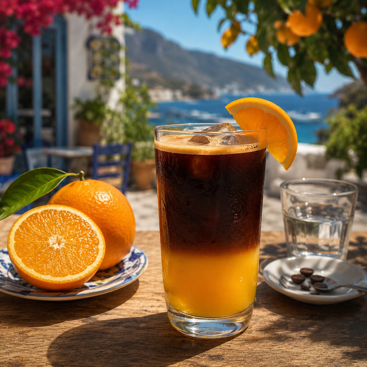 Bumble Coffee mit Espresso, Orangensaft und Eiswürfeln als erfrischendes Sommergetränk im Glas.