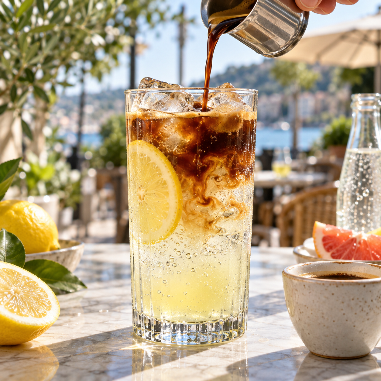 Espresso Lemonade mit Eiswürfeln, Zitronenscheibe und frischem Espresso im Glas