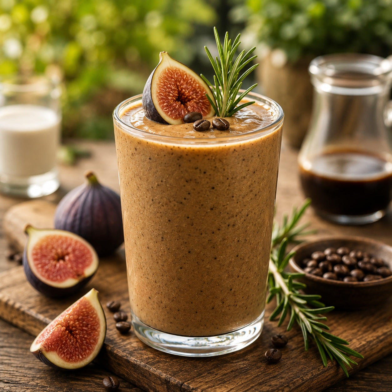Feigen-Rosmarin-Kaffee-Smoothie mit Espresso, frischen Feigen, Rosmarin und Eis im Glas.