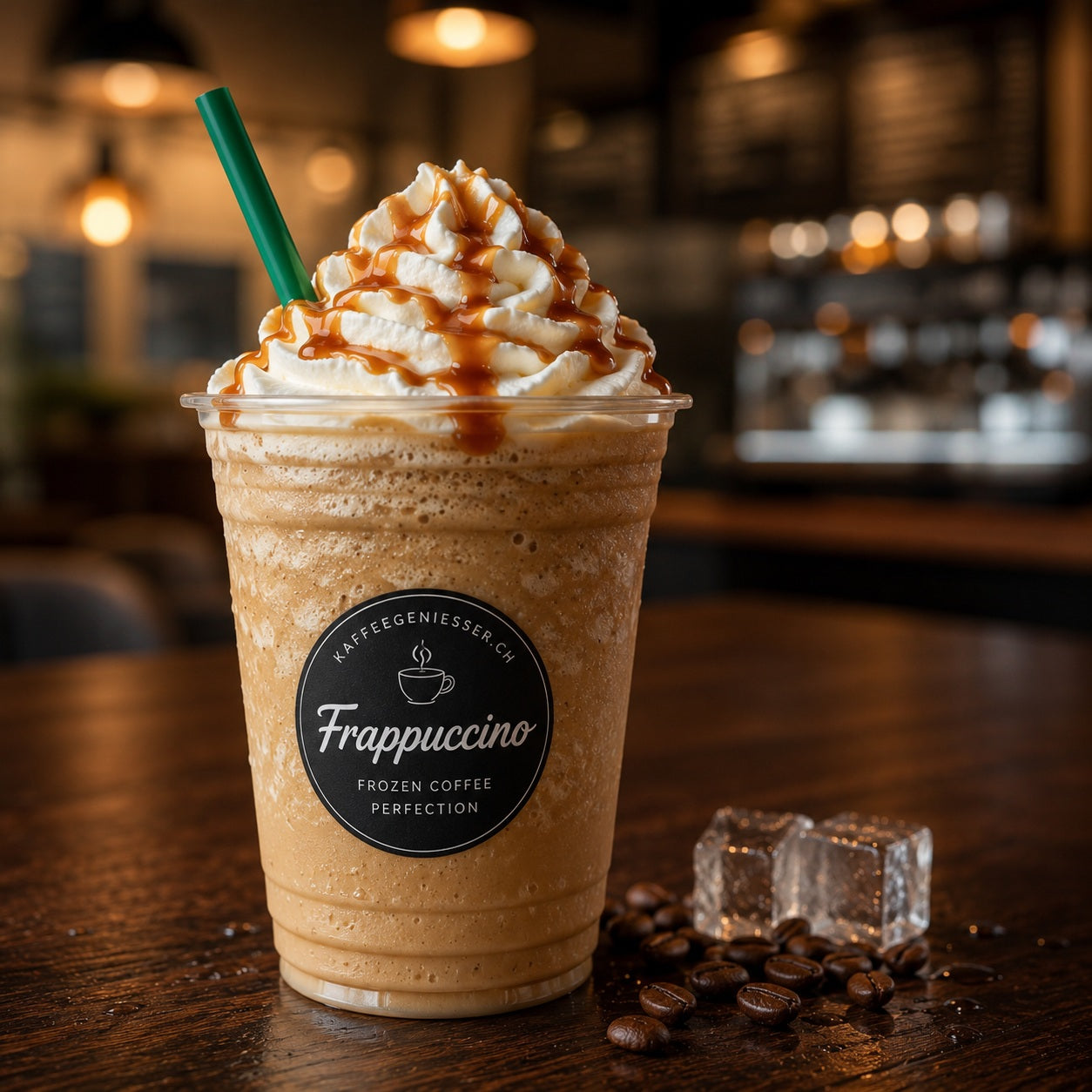 Cremiger Frappuccino mit Kaffee, Eiswürfeln, Milch und Sahne – erfrischendes Kaffeegetränk im Glas.