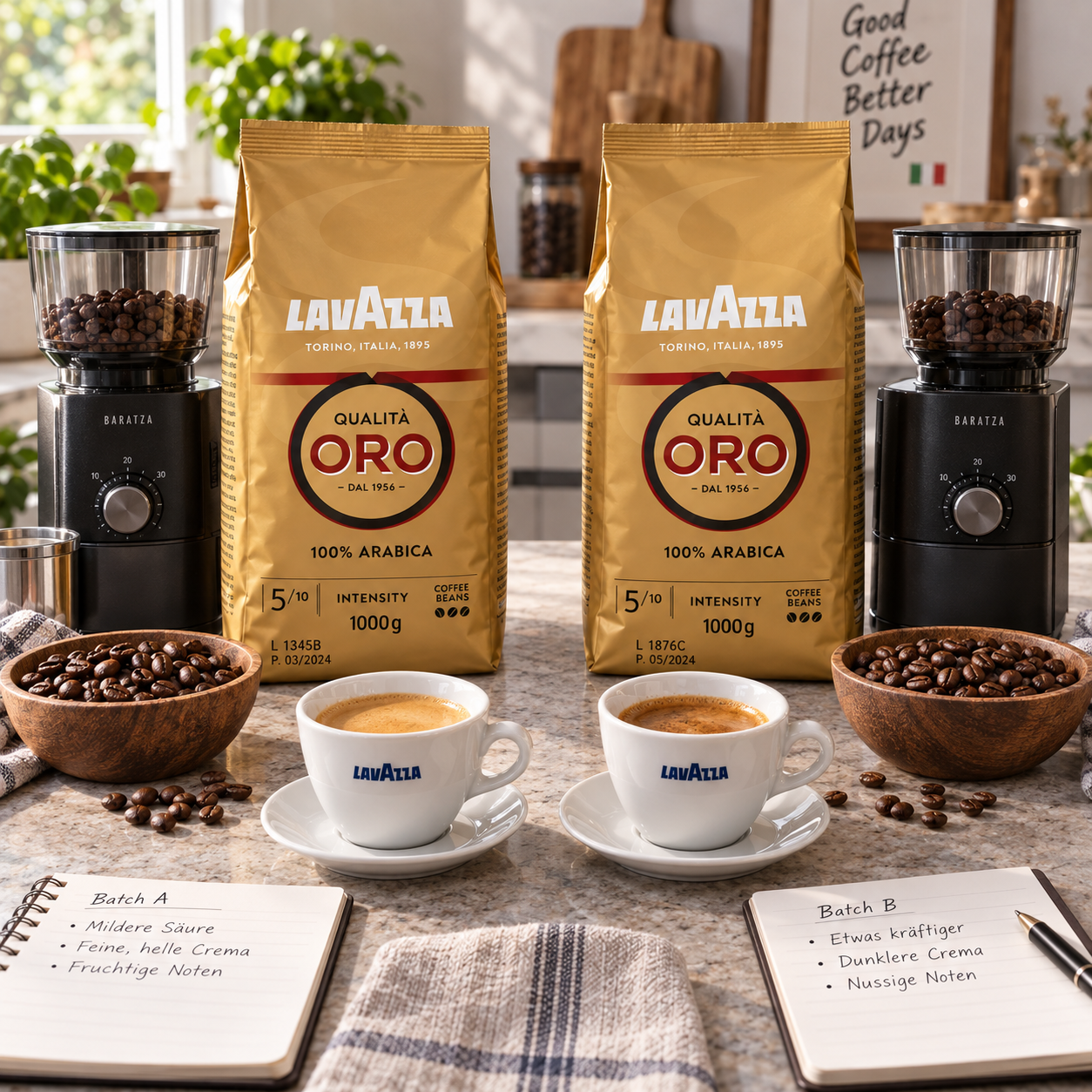 Zwei Lavazza Packungen mit unterschiedlich zubereitetem Espresso im direkten Vergleich