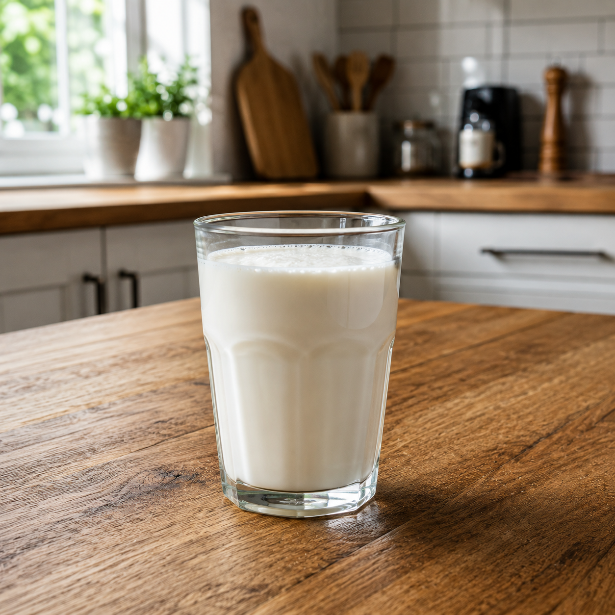 Glas Hafermilch neben Haferflocken und Kaffeetasse – Nährwerte, Gesundheit und Vergleich mit Kuhmilch