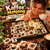Mahjong-Steine mit Kaffeebohnen, Siebträgern und Tassen-Symbolen kunstvoll gestapelt im dramatischen Kontrastlicht