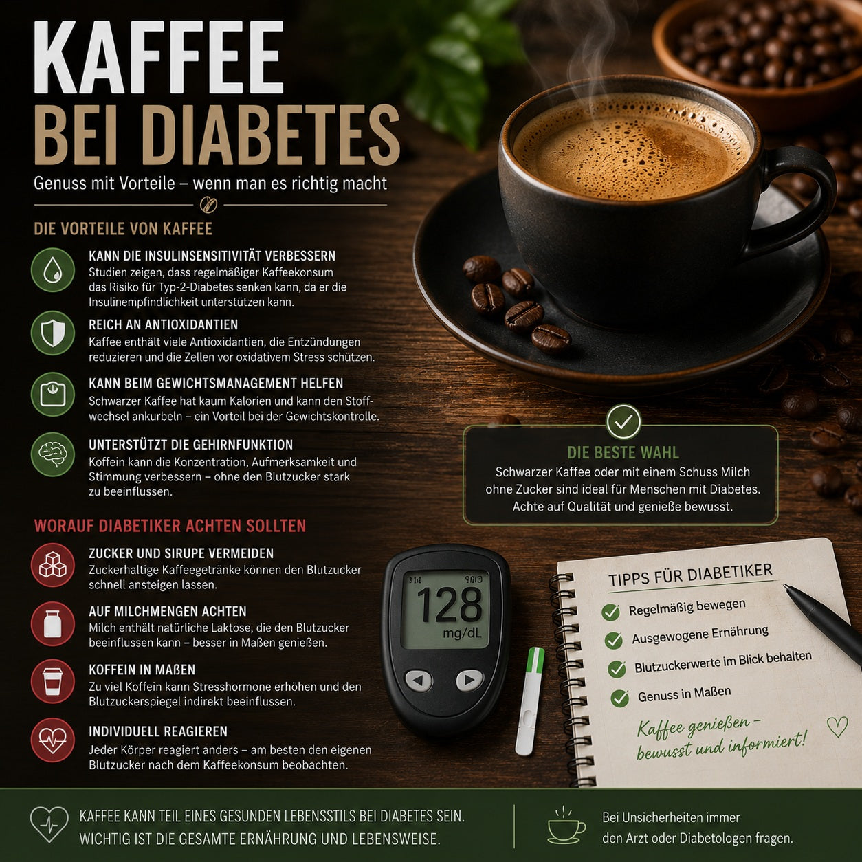 Tasse Kaffee mit Blutzuckermessgerät – Ratgeber zu Kaffee, Diabetes, Blutzucker und Koffein.