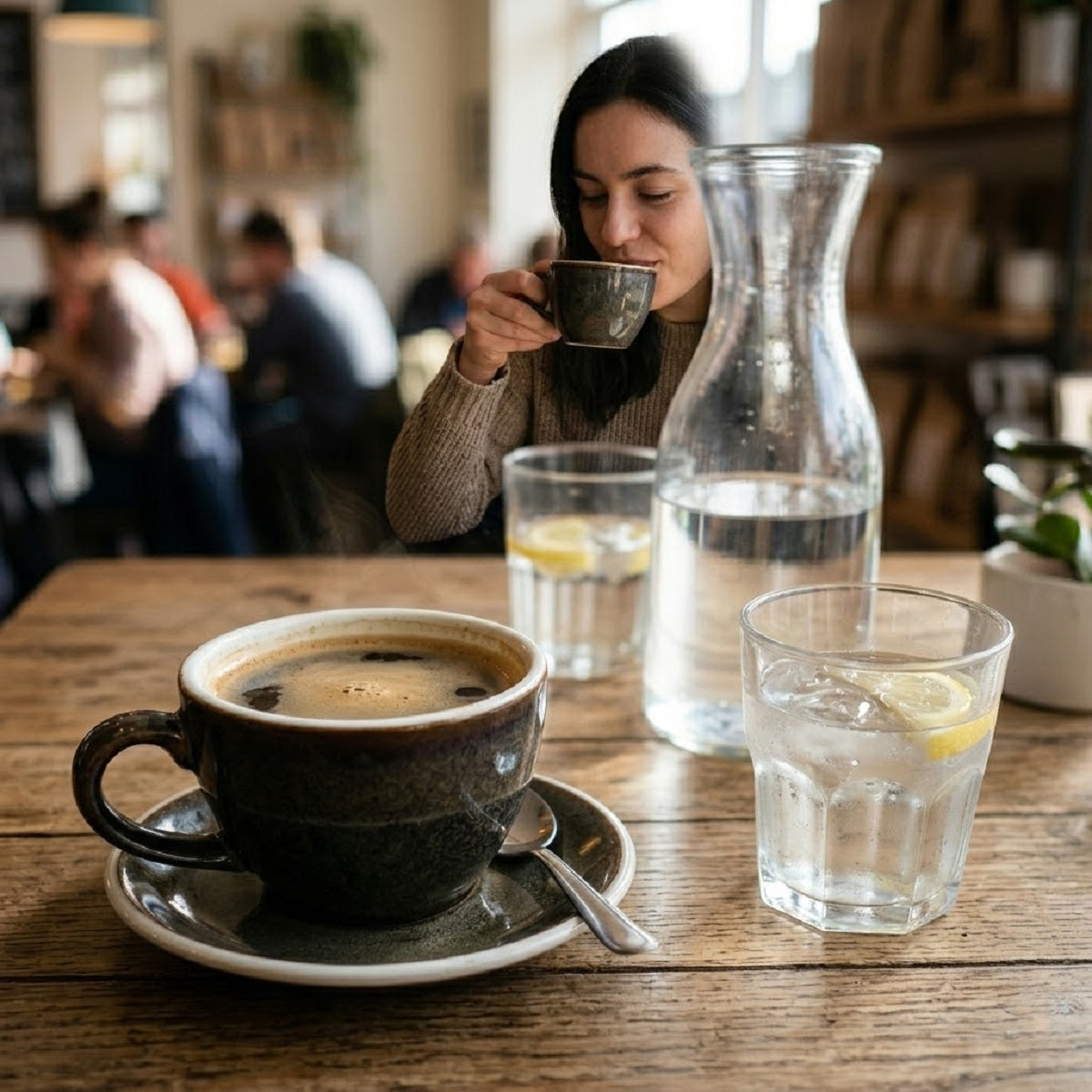Espresso neben Wasserglas – Symbolbild zu Kaffee, Diurese und Flüssigkeitsbilanz.