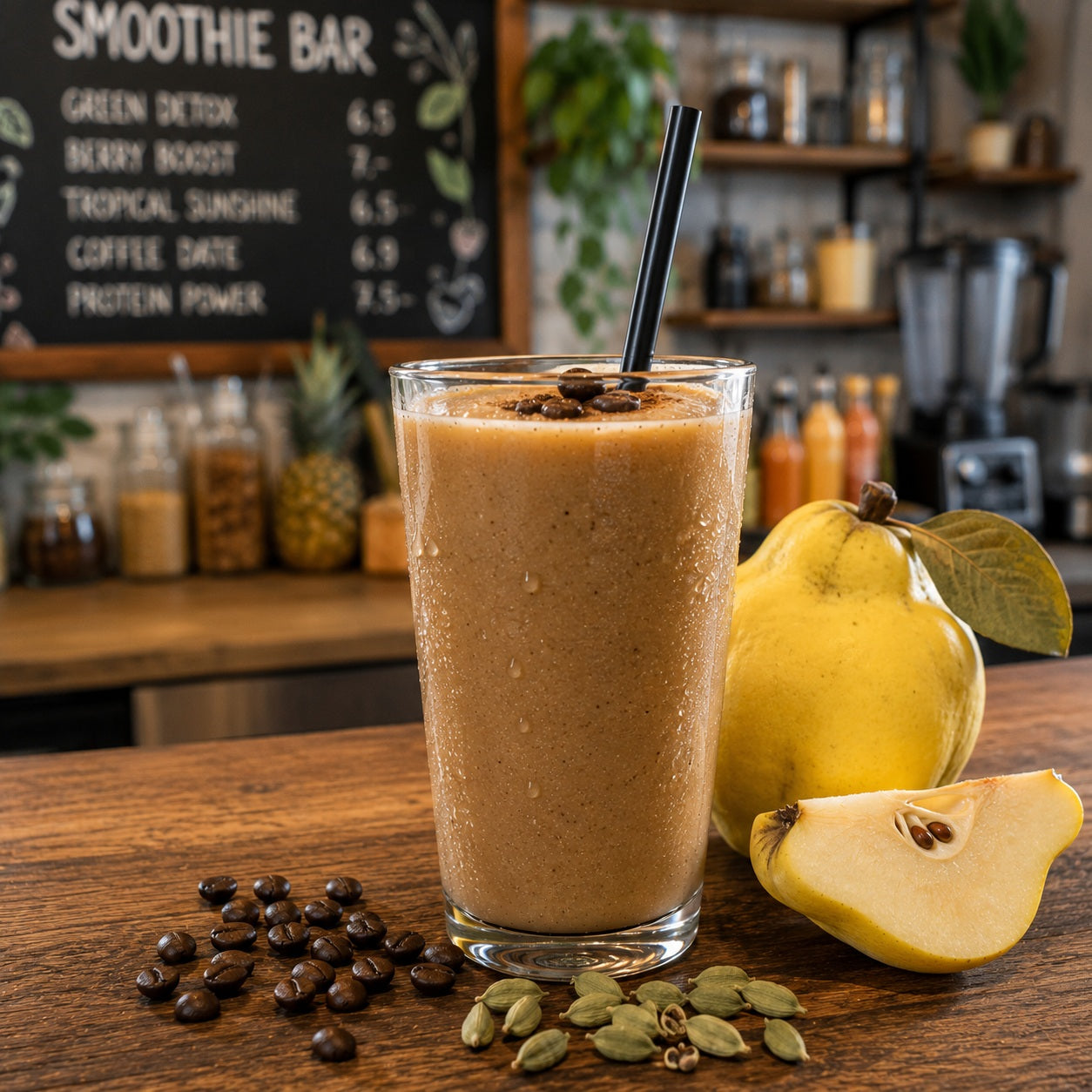 Aprikosen-Lavendel-Kaffee-Smoothie mit Espresso, Aprikosen, Lavendelblüten und Mandeldrink im Glas.