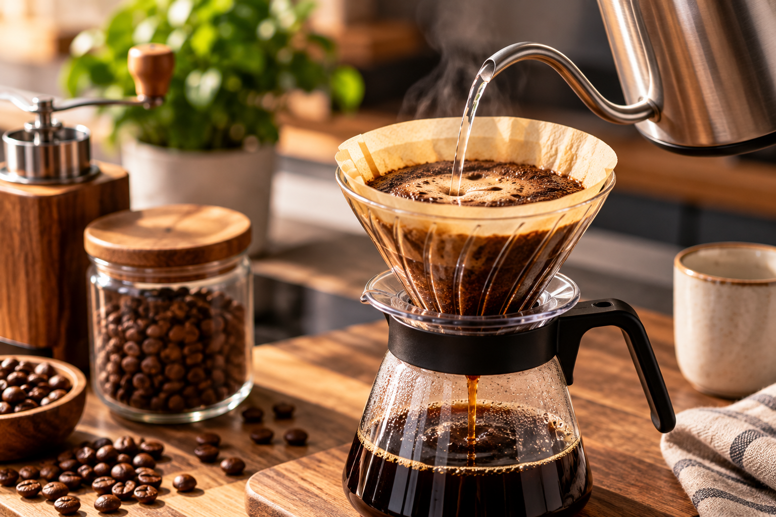 Kaffee von Hand aufbrühen mit Handfilter, frisch gemahlenem Kaffee und heissem Wasser