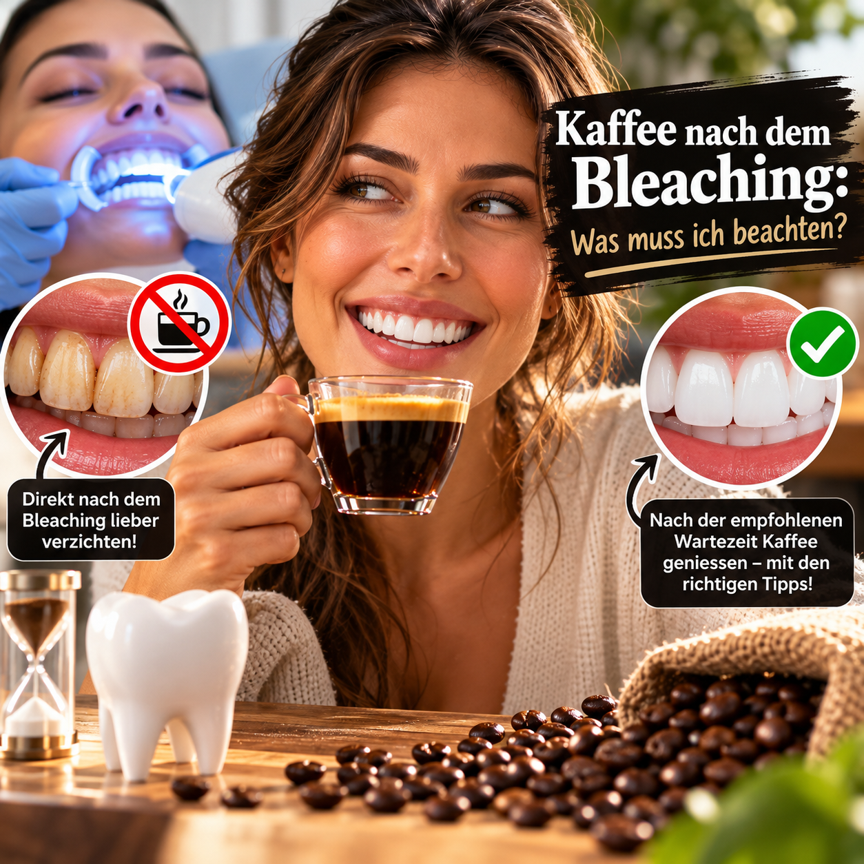 Strahlend weisse Zahnreihe neben dunklem Espresso in weisser Tasse vor geteiltem, dramatischem Hell-Dunkel-Hintergrund