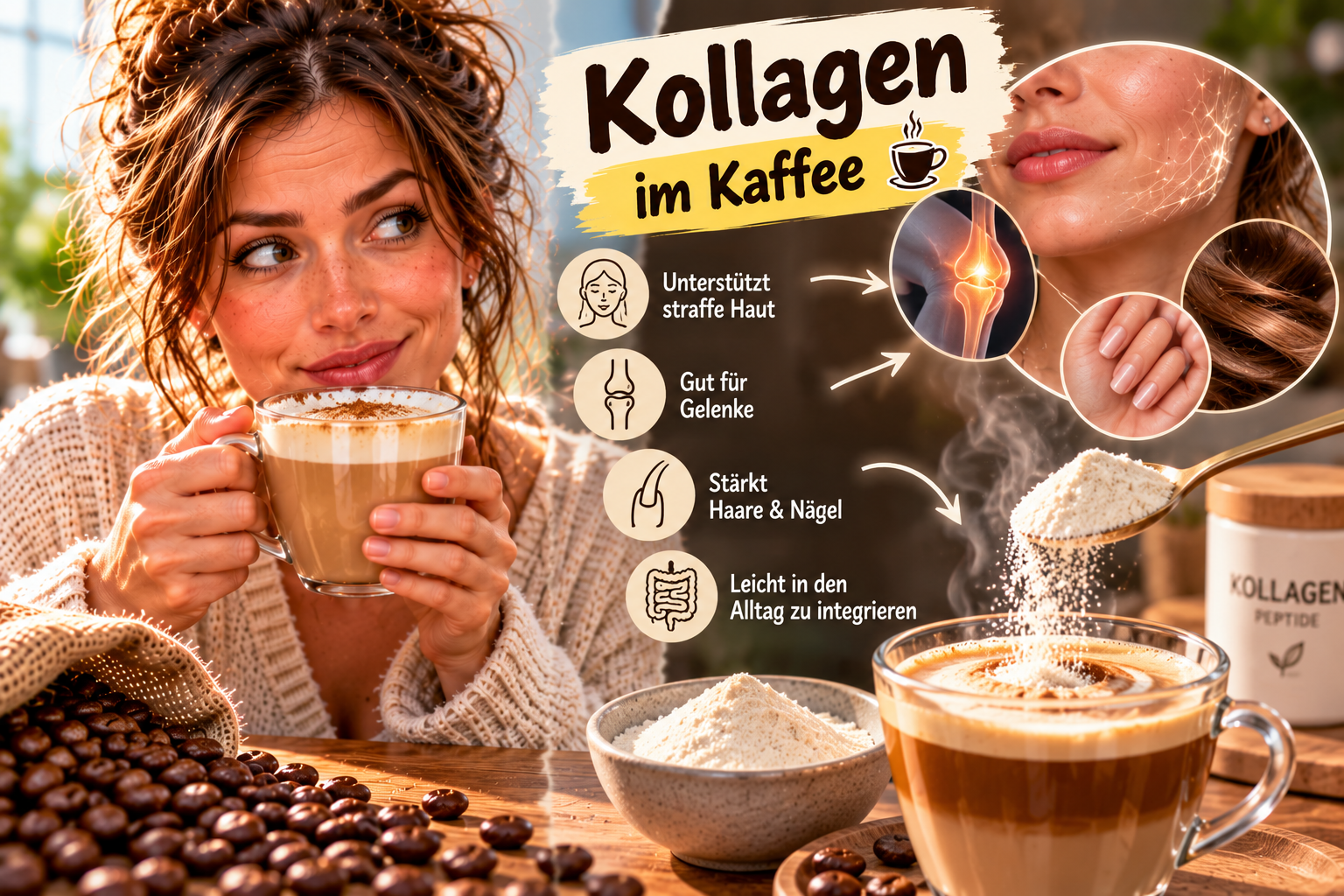 Weisses Kollagenpulver rieselt von einem Holzlöffel in eine dampfende Tasse Kaffee im dramatischen Kontrastlicht