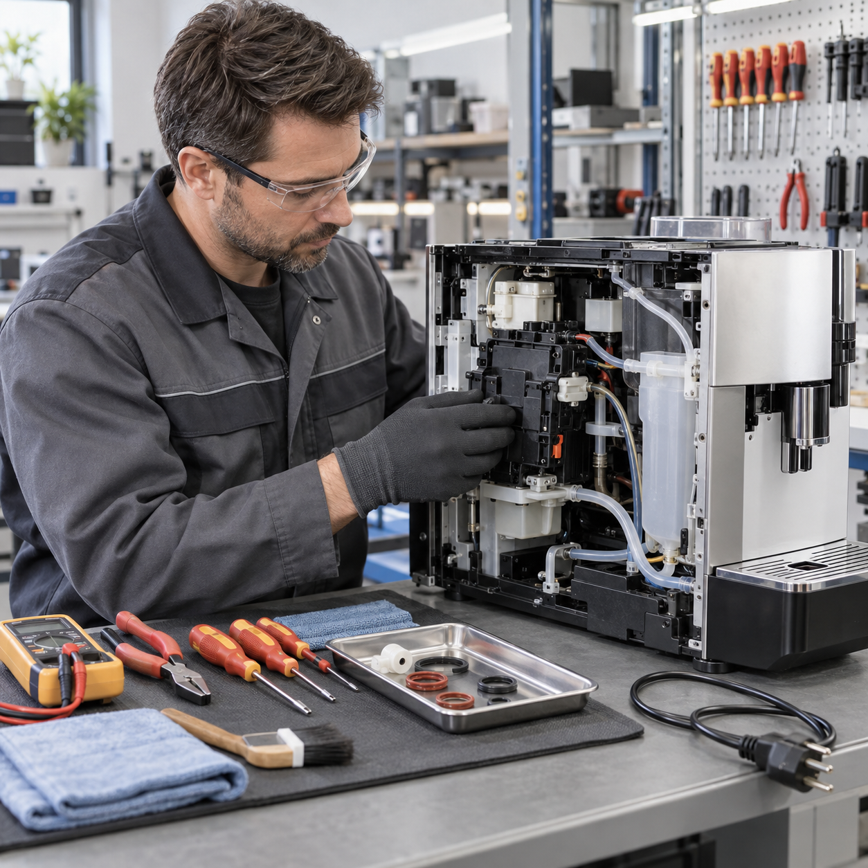 Techniker repariert eine Kaffeemaschine und prüft Elektronik sowie Brühgruppe