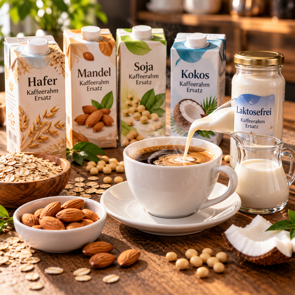 Kaffeerahm Ersatz mit Hafer-, Soja- und Mandeldrink neben einer Tasse Kaffee