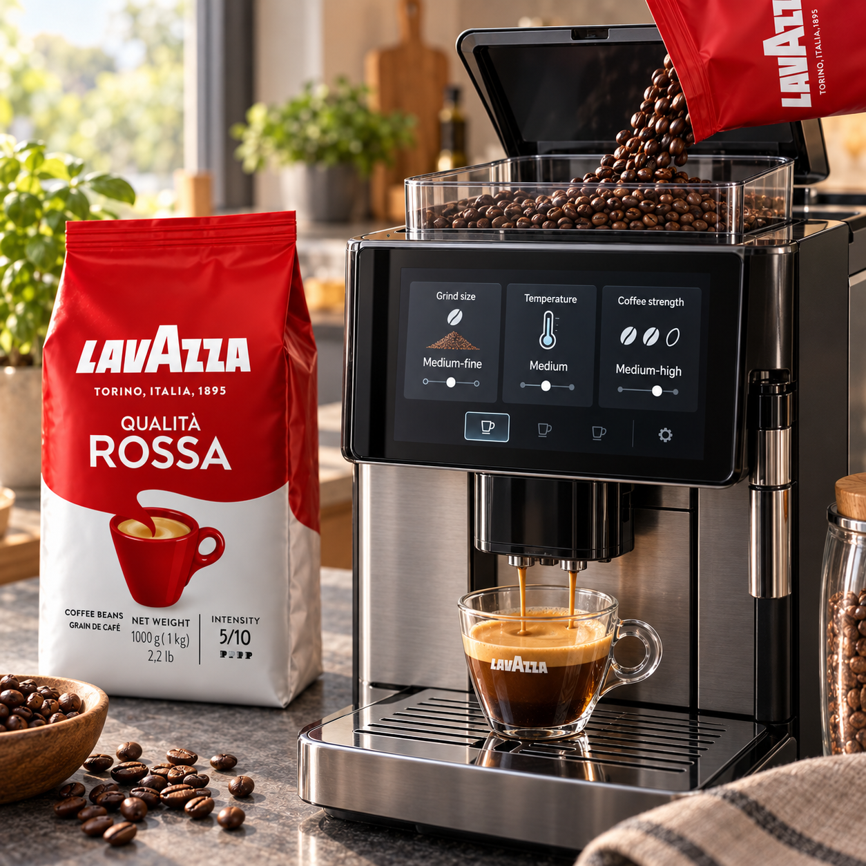 Kaffeevollautomat bereitet Lavazza Espresso mit optimalem Mahlgrad und dichter Crema zu