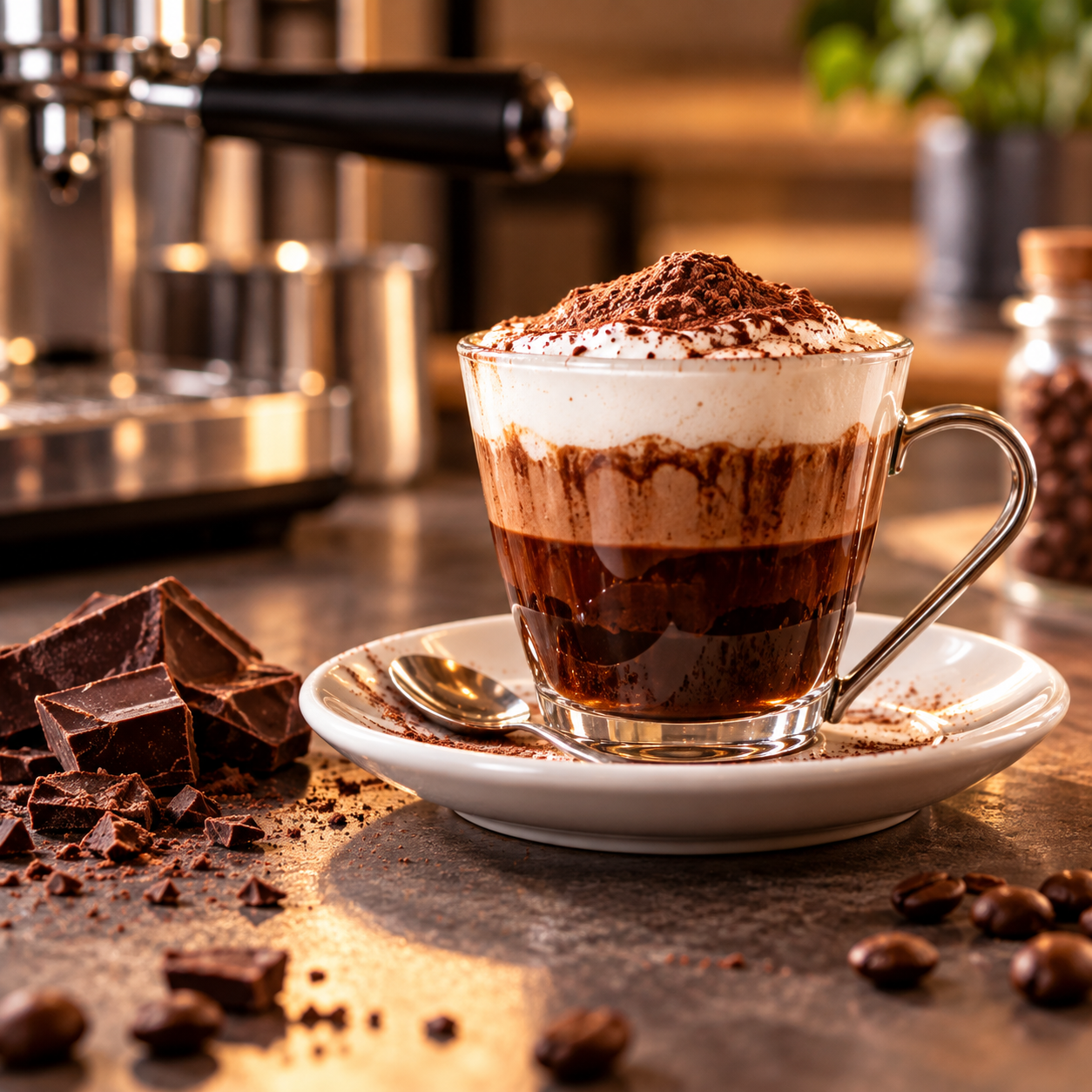 Italienischer Marocchino mit Espresso, Schokolade, cremigem Milchschaum und Kakao im kleinen Glas