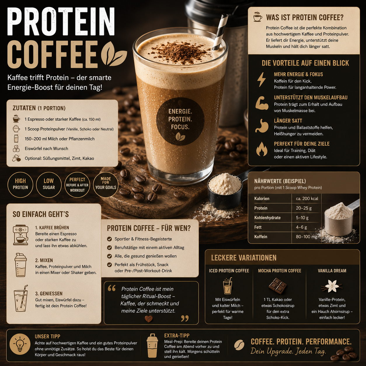 Protein Coffee mit Espresso und Proteinpulver im Glas – Eiweiss-Kaffee für Sport, Energie und Muskelaufbau