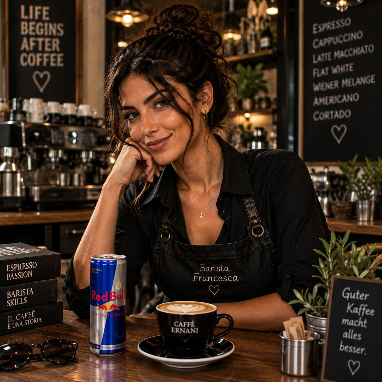 Eine Dose Red Bull neben Espresso und Filterkaffee – Koffeinvergleich zwischen Energy Drink und Kaffee