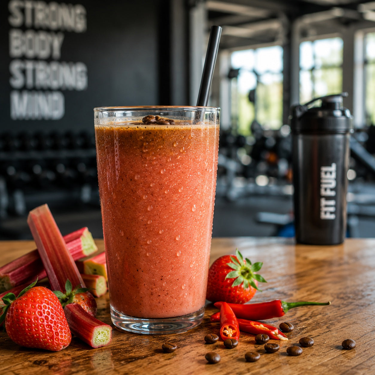 Rhabarber-Erdbeer-Chili-Kaffee-Smoothie mit Espresso, Erdbeeren, Rhabarber, Chili und Eiswürfeln im Glas.