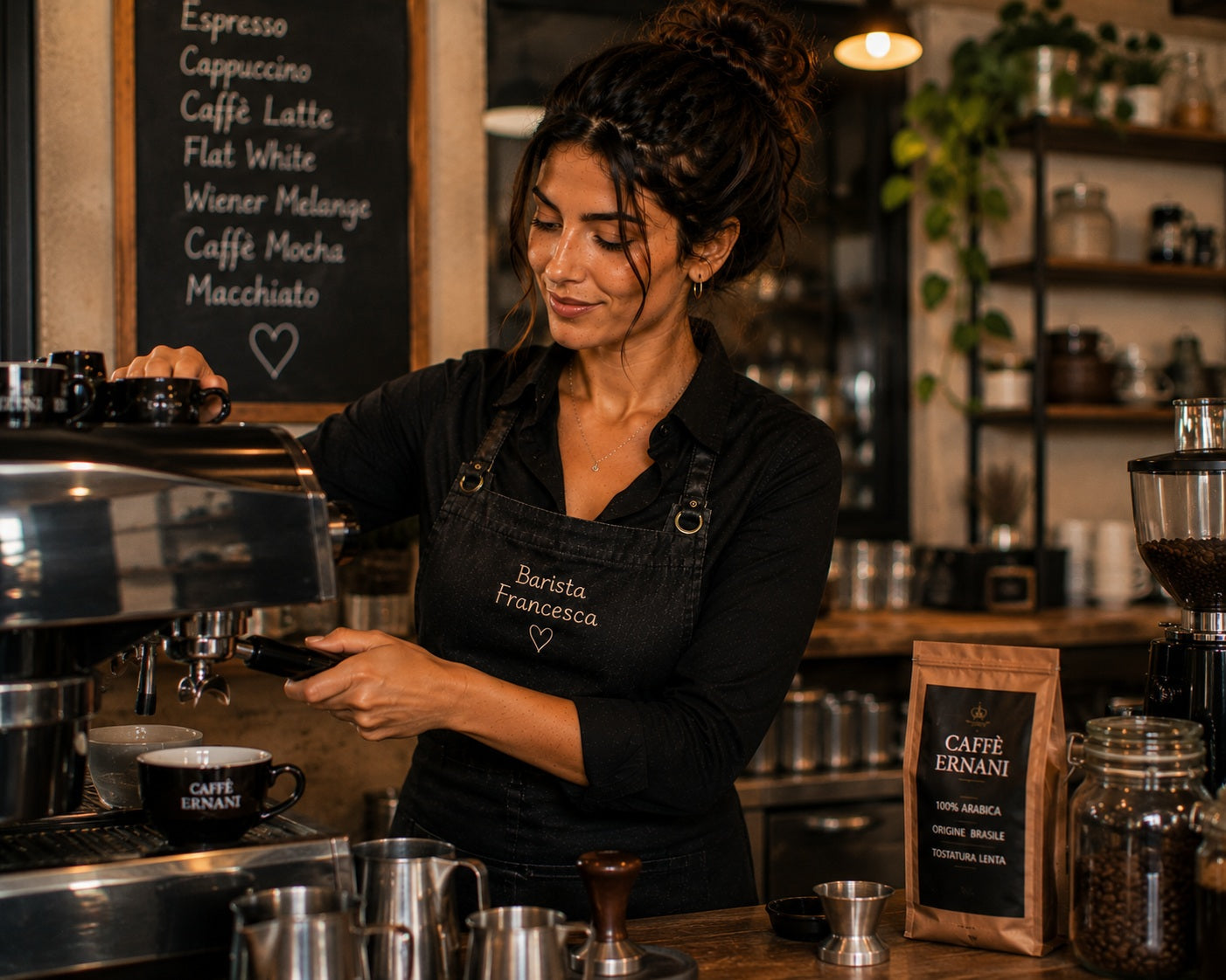 Espresso aus einer Siebträgermaschine mit goldbrauner Crema während der Extraktion in einer Barista-Küche