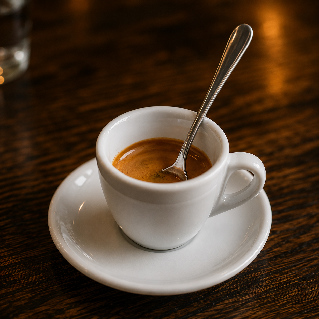 Barista rührt einen frisch gebrühten Espresso mit einem Löffel um – Einfluss auf Crema und Geschmack