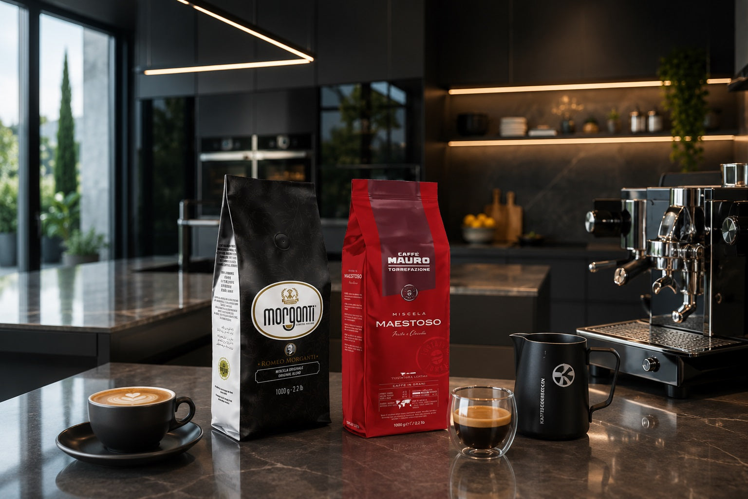 Caffè Mauro Maestoso und Morganti ÆSPRESSO in moderner Designküche mit Siebträgermaschine und Espresso.
