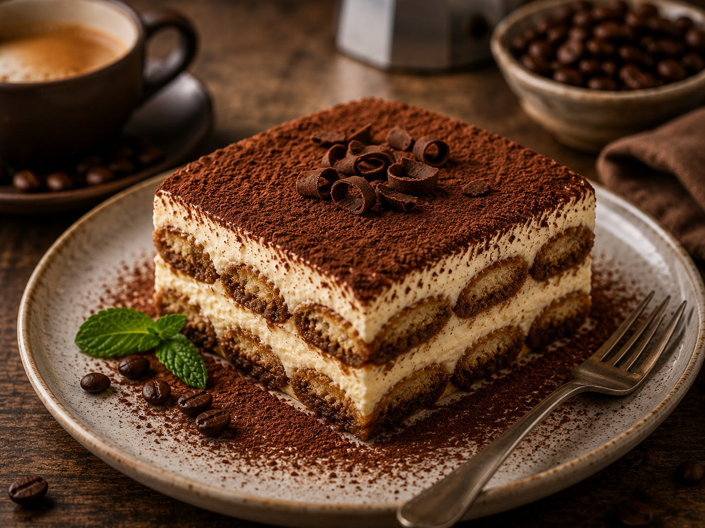 Original Tiramisu mit Mascarpone, Espresso und Kakao – italienisches Dessert nach traditionellem Rezept.