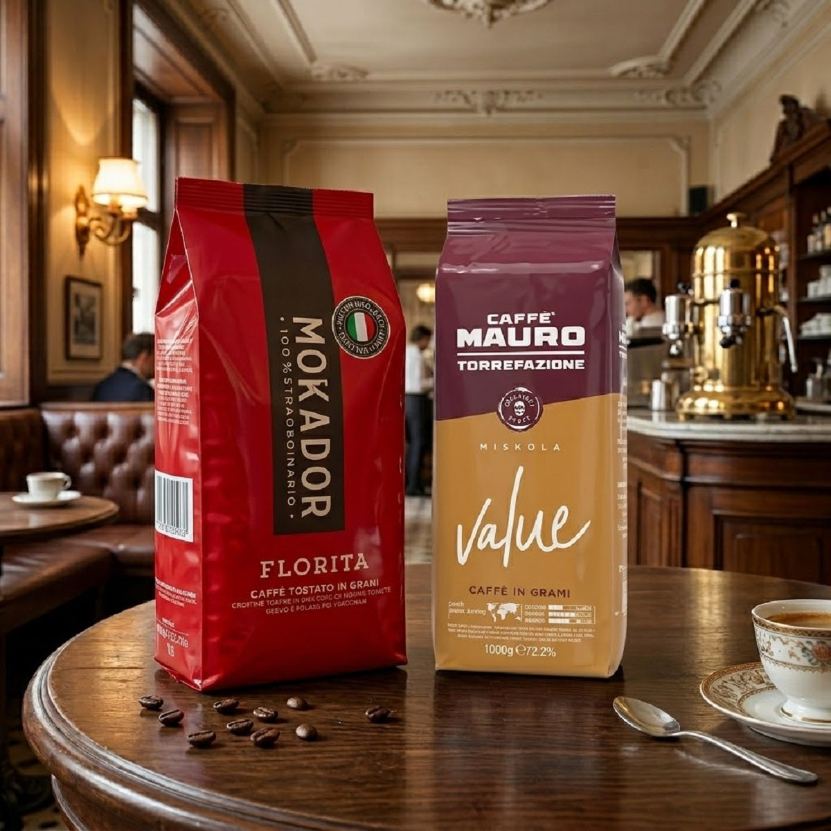 Vergleich von Mokador Florita und Caffè Mauro Value Espresso für Crema, Vollautomaten und Cappuccino.