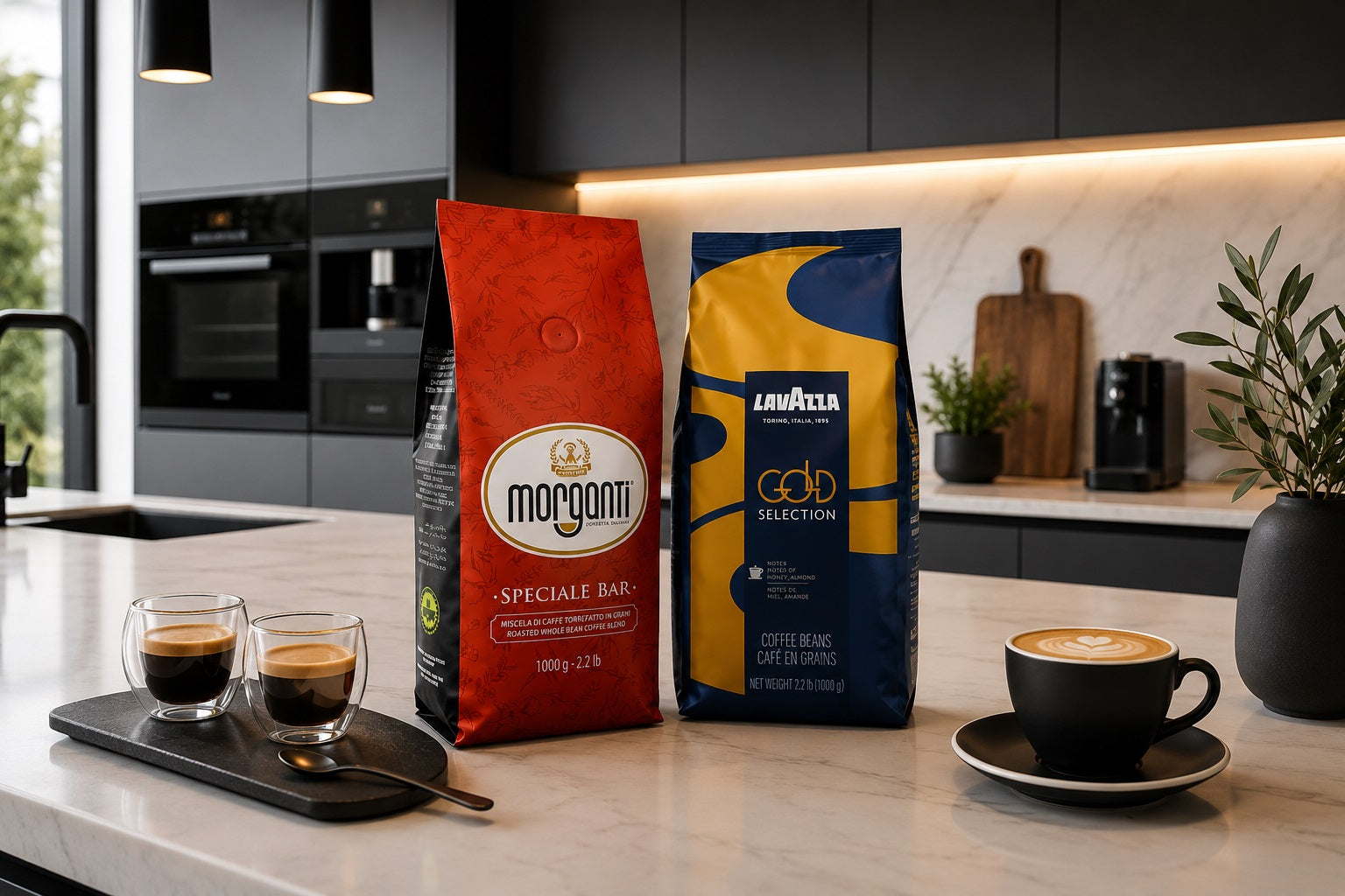 Lavazza Gold Selection und Morganti Speciale Bar in moderner Küche mit Siebträgermaschine und Espresso.