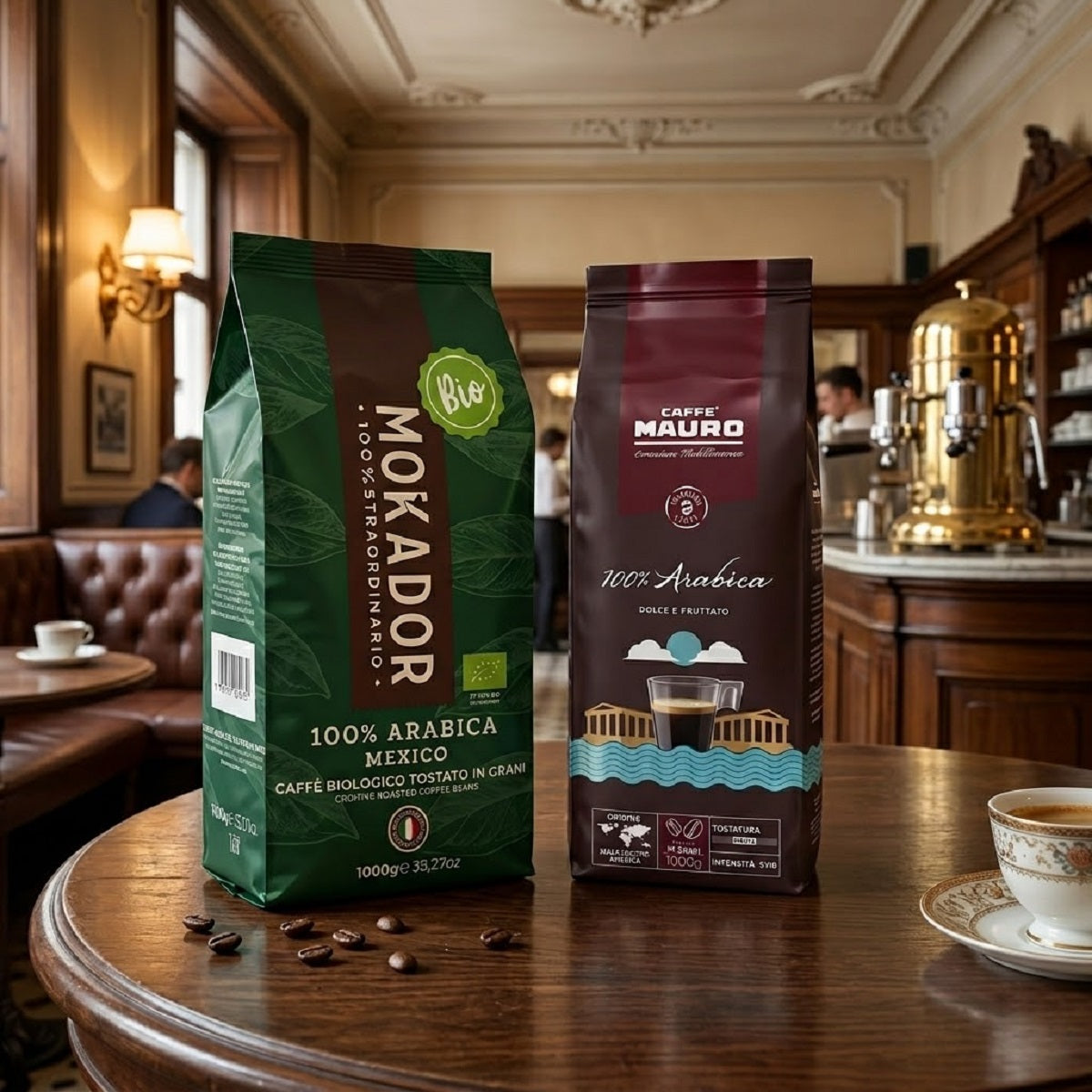 Vergleich von Mokador Mexico Bio und Caffè Mauro 100% Arabica Kaffeebohnen für Espresso und Café Crème.