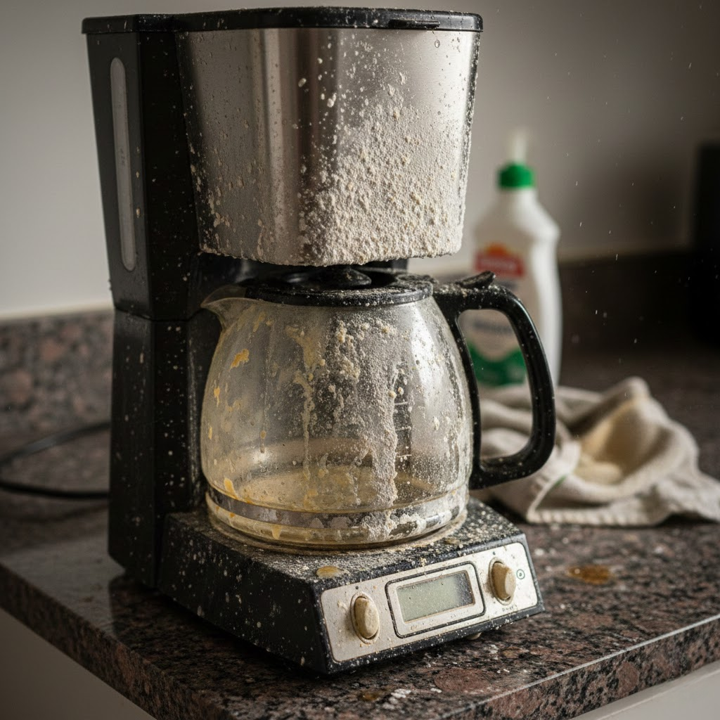 Kaffeemaschine beim Entkalken mit Entkalker, Wassertank und Auffangbehälter auf der Arbeitsfläche