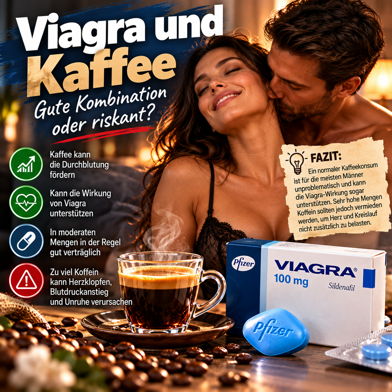 Zwischen Viagra (Wirkstoff Sildenafil) und Kaffee ist nach heutigem Wissensstand keine relevante Wechselwirkung bekannt.
