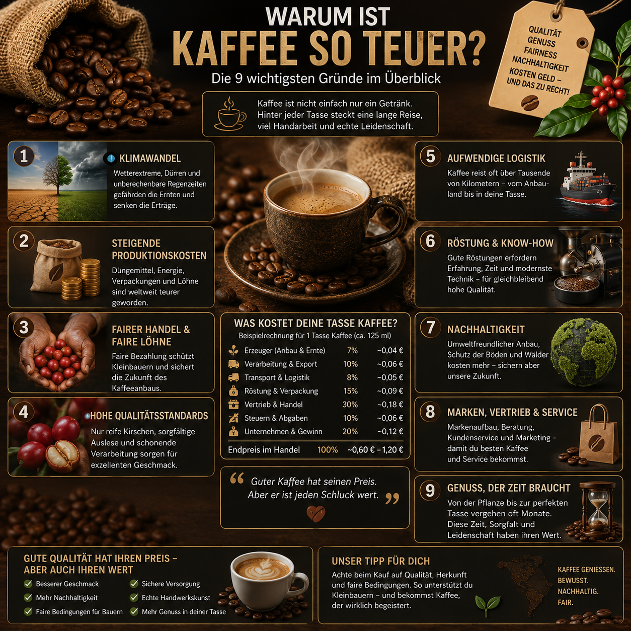 Kaffeebohnen mit Preisschild – steigende Rohkaffeepreise durch Klima, Ernteausfälle, Transport und Inflation