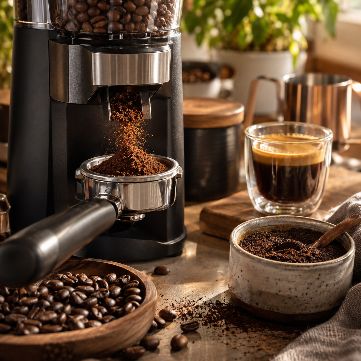 Frisch gemahlener Kaffee rieselt direkt aus einem Kaffeemahlwerk in den Siebträger