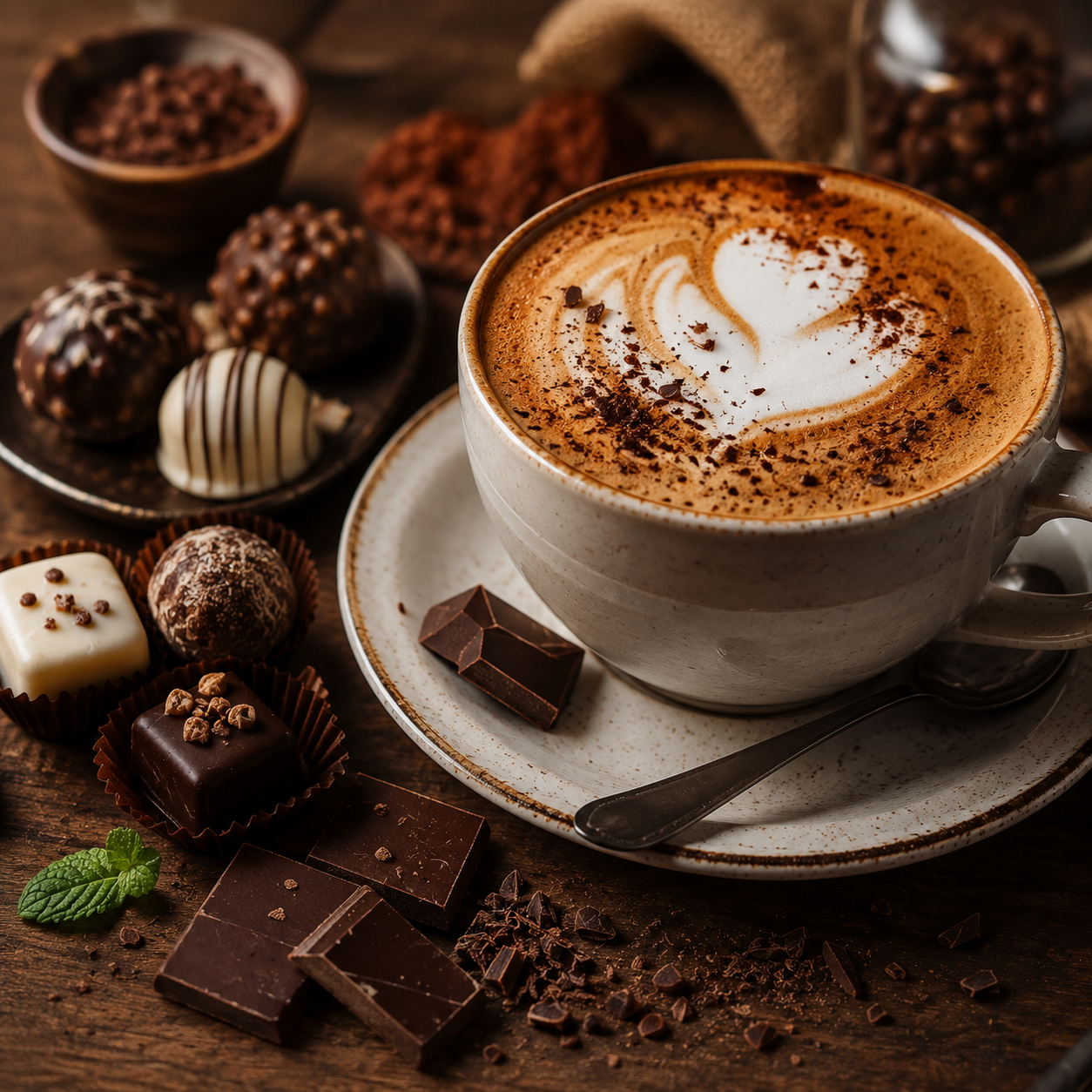Kaffeebohnen mit Schokoladennoten neben dunkler Schokolade – aromatische Bohnen für Espresso und Café Crème