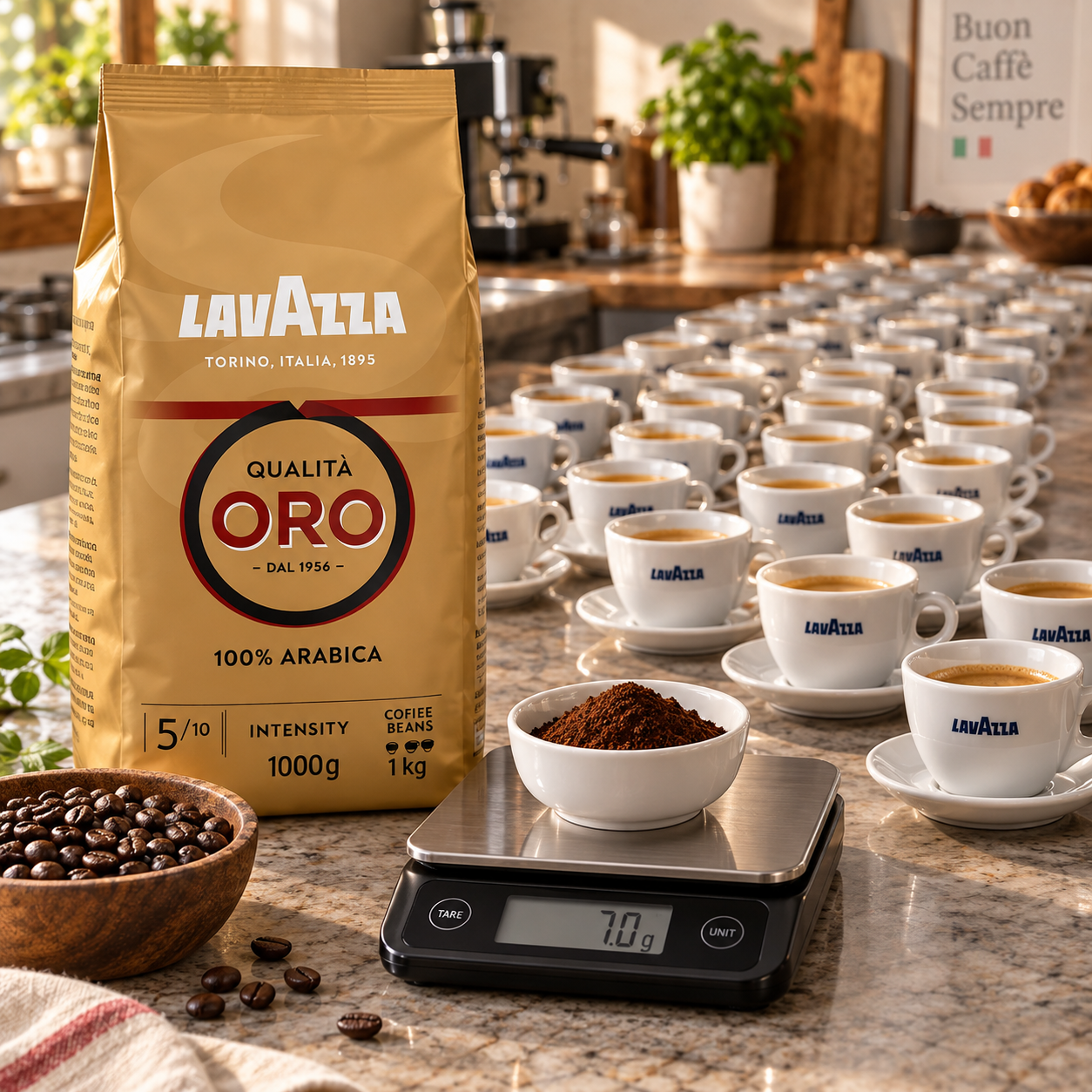 1 kg Lavazza Kaffeebohnen neben mehreren frisch zubereiteten Espressotassen