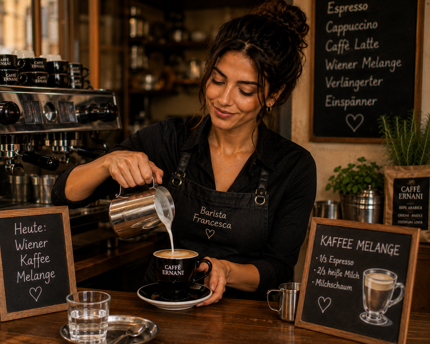 Traditionelle Wiener Melange mit Milchschaum in einer Porzellantasse auf einem Wiener Kaffeehaus-Tisch