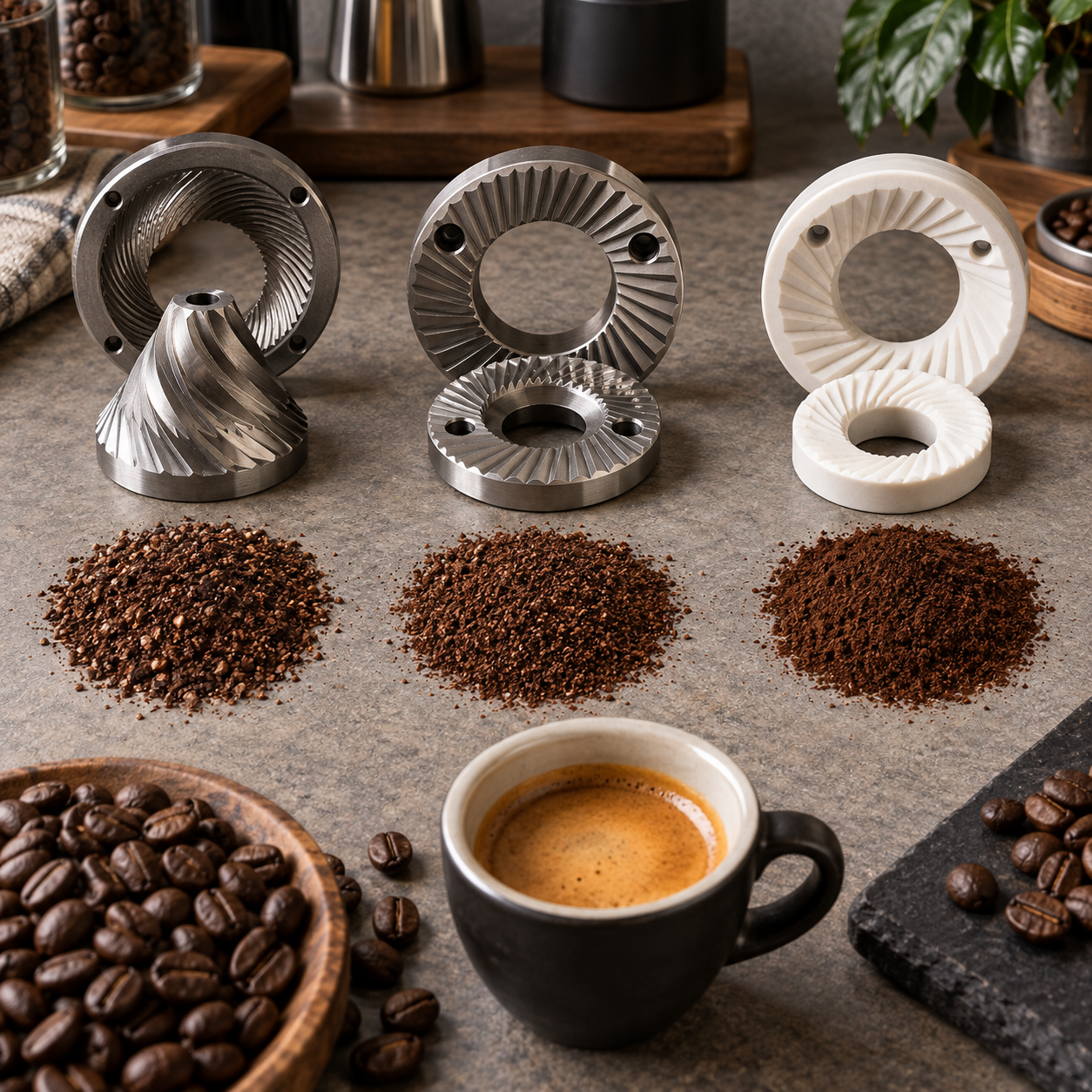 Keramik- und Stahlmahlwerk einer Kaffeemaschine im direkten Vergleich
