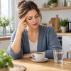 Tasse Kaffee neben einer Person mit Kopfschmerzen als Symbol für die Wirkung von Koffein