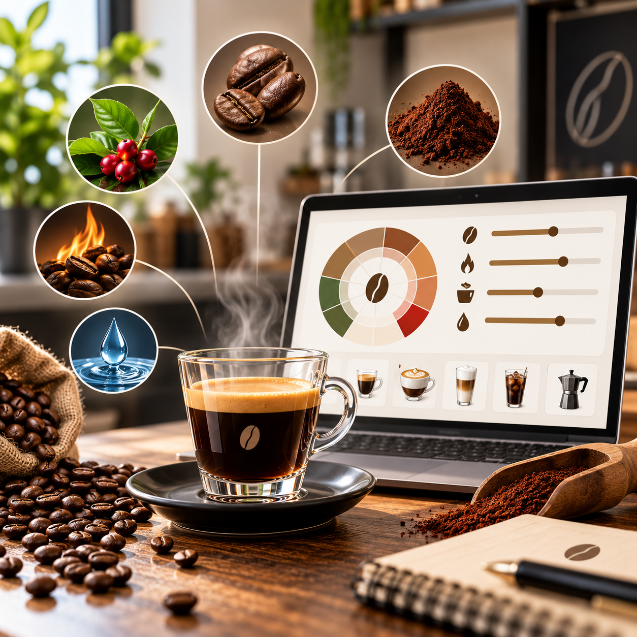 Interaktiver Kaffee-Profil-Rechner für Bohnenmischung, Röstgrad, Koffein und individuelles Geschmacksprofil