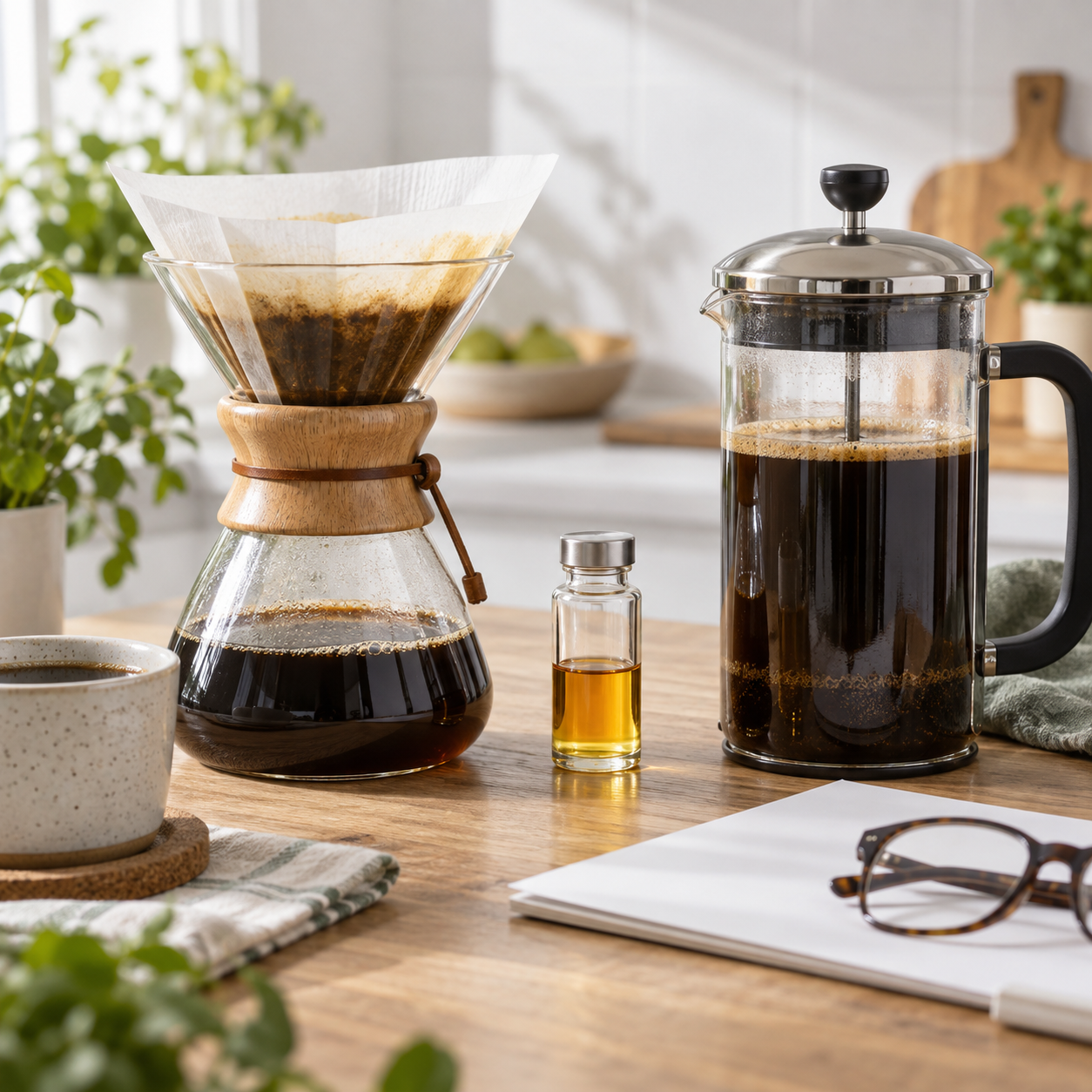 Tasse Kaffee neben einem Cholesterinmessgerät als Symbol für Kaffee und Blutfettwerte