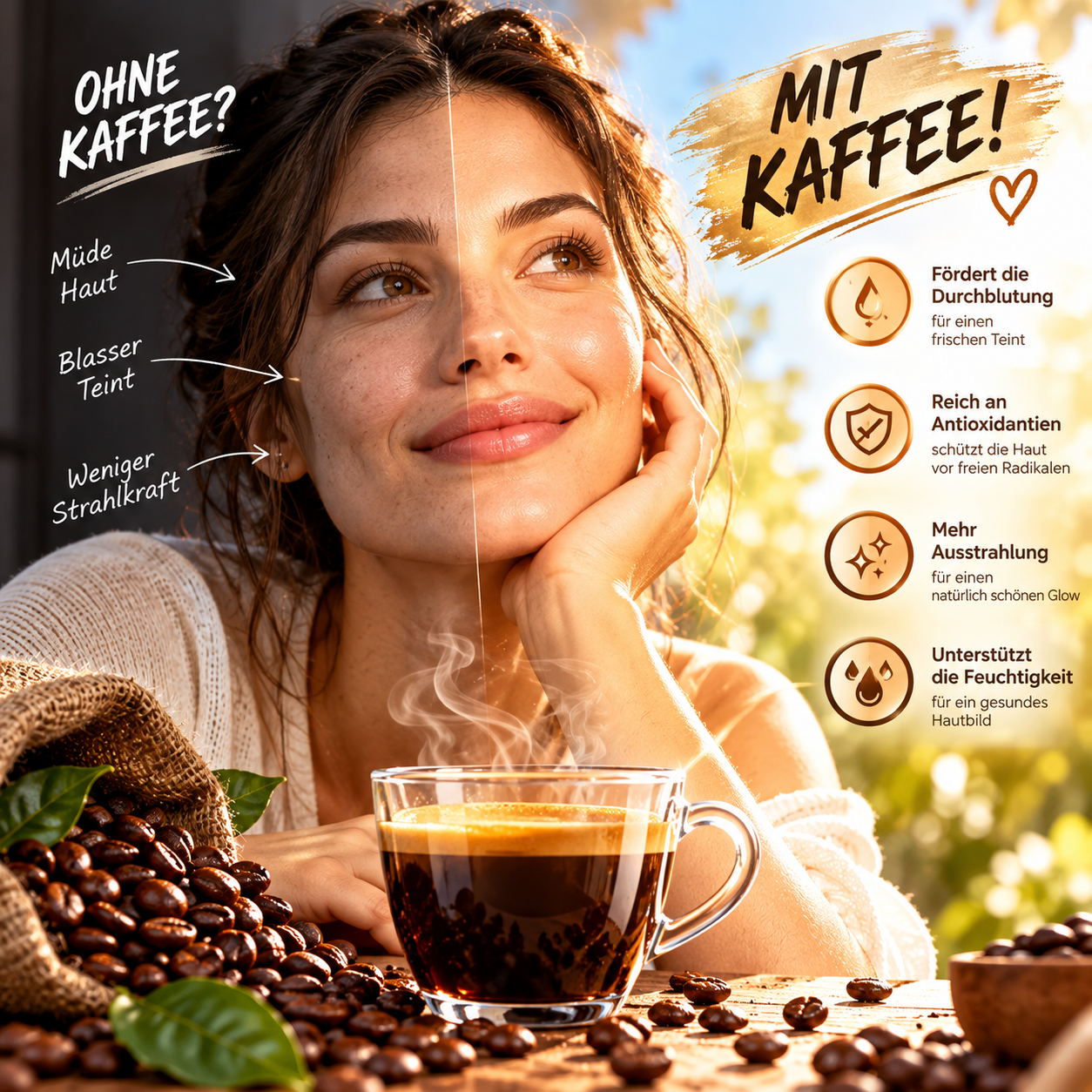 Kaffee kann auf zwei Wegen mit der Haut zu tun haben: über das Trinken und über das direkte Auftragen, etwa als Kaffeepeeling oder als Koffein in Kosmetik