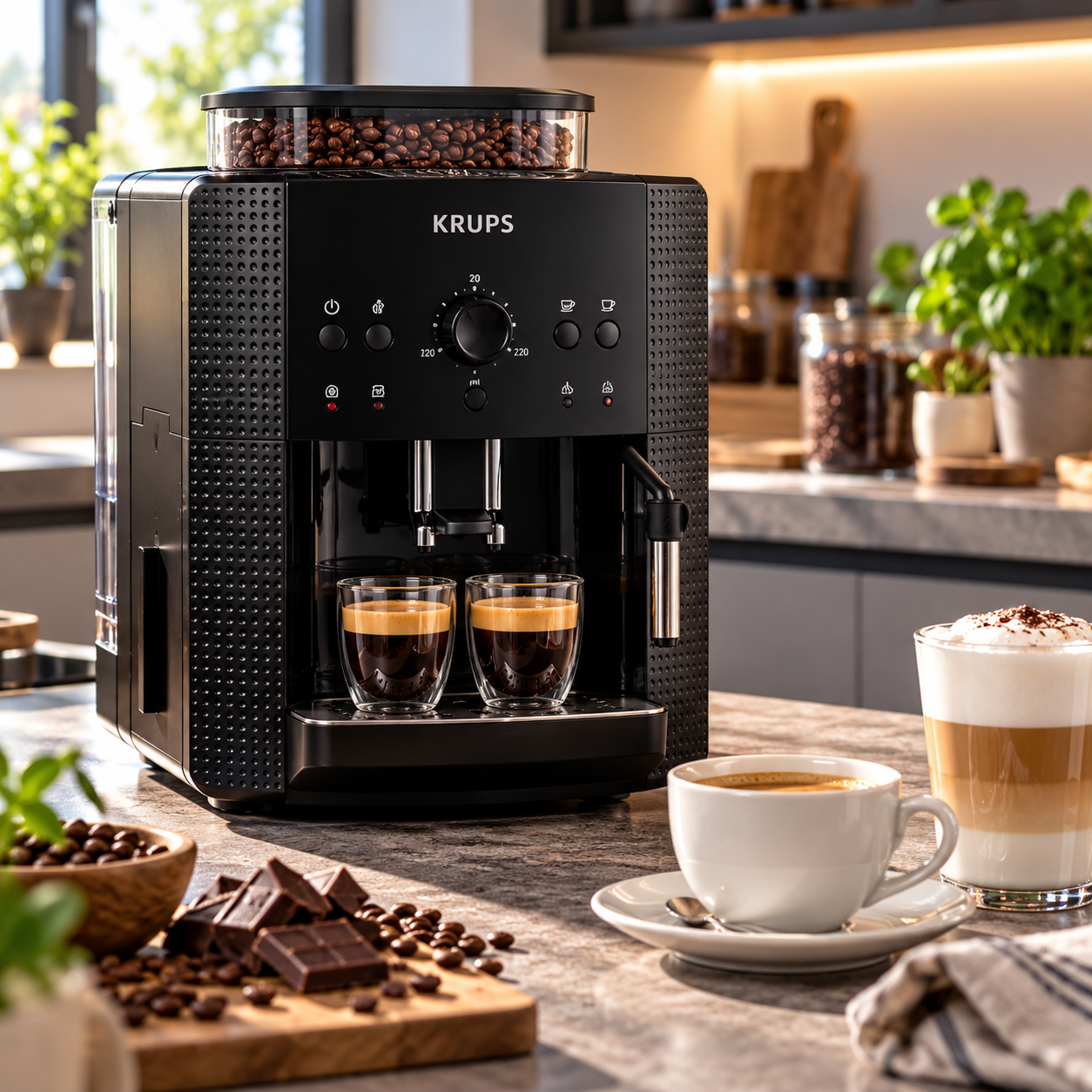 Krups EA8108 Kaffeevollautomat mit Espresso und Kaffeebohnen im ausführlichen Test und Ratgeber