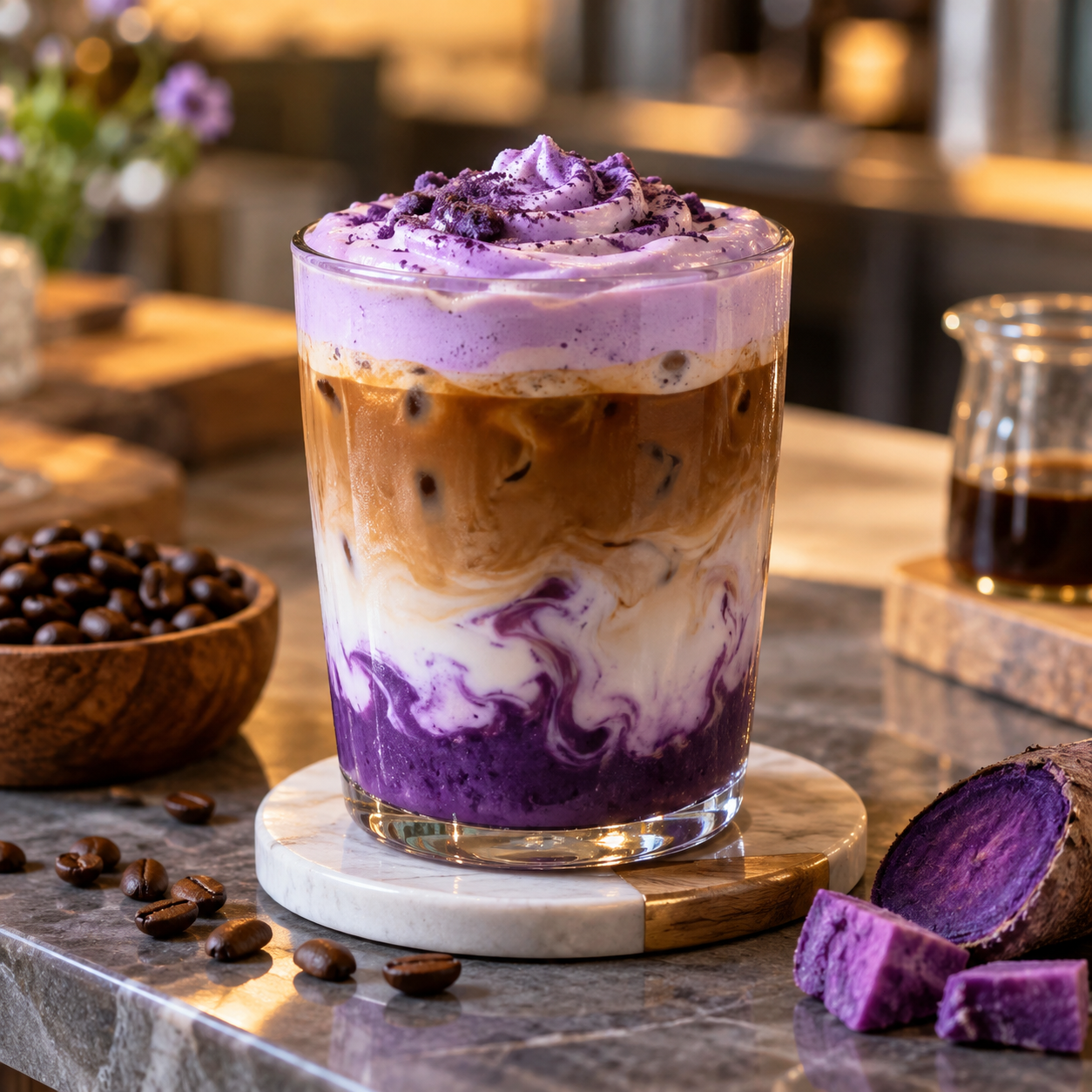 Violetter Ube Latte mit Espresso und Ube als lila Yamswurzel neben dem Kaffeegetränk