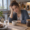 Müde Person mit einer Tasse Kaffee auf dem Schreibtisch trotz Koffein und fehlender Wachwirkung