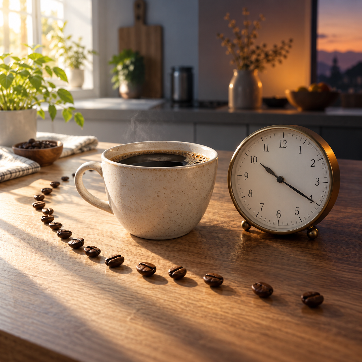 Tasse Kaffee neben einer Uhr als Symbol für die Wirkungsdauer von Koffein im Körper