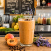 Aprikosen-Lavendel-Kaffee-Smoothie mit Espresso, Aprikosen, Lavendelblüten und Mandeldrink im Glas.