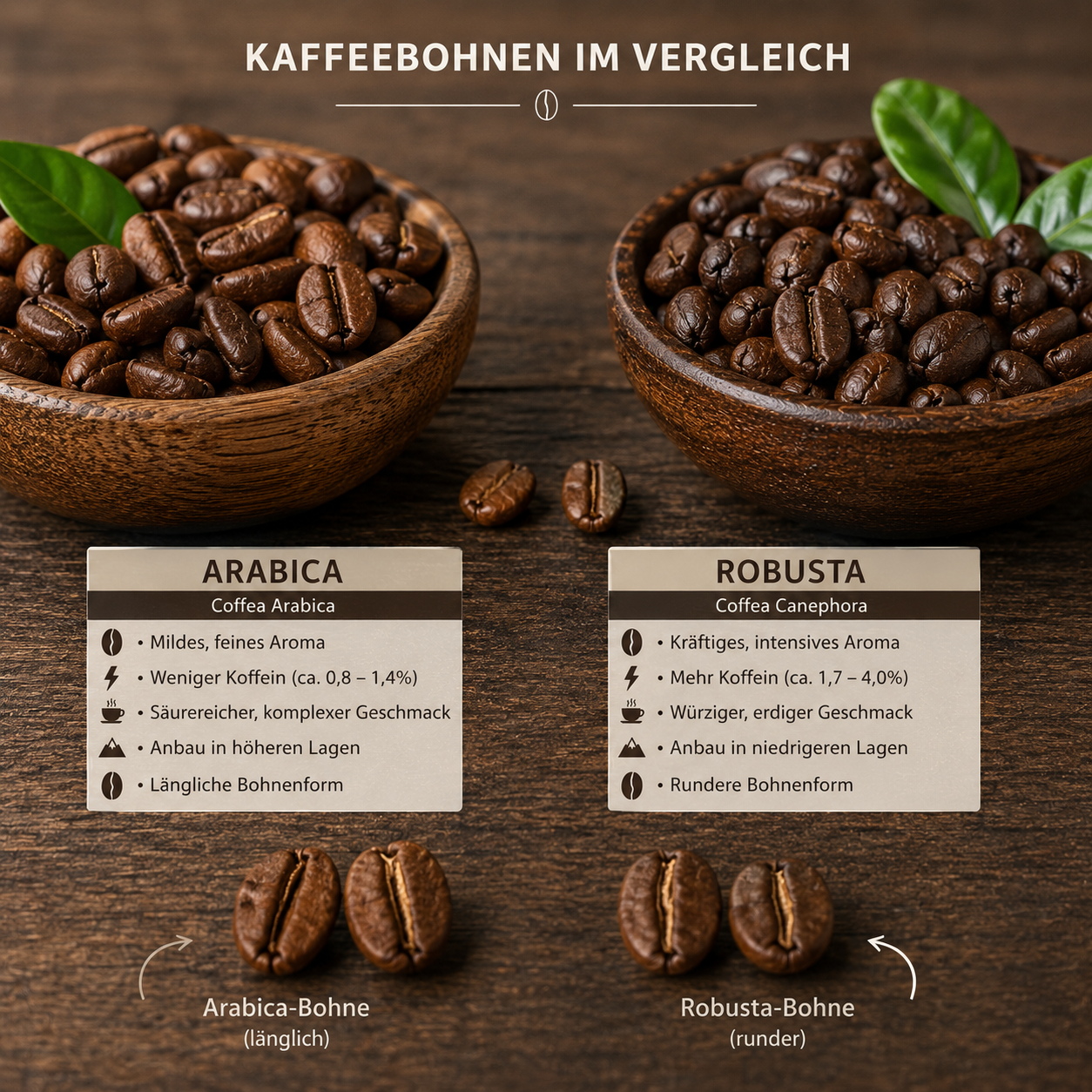Arabica- und Robusta-Kaffeebohnen im Vergleich – Unterschiede bei Form, Geschmack, Koffein und Crema