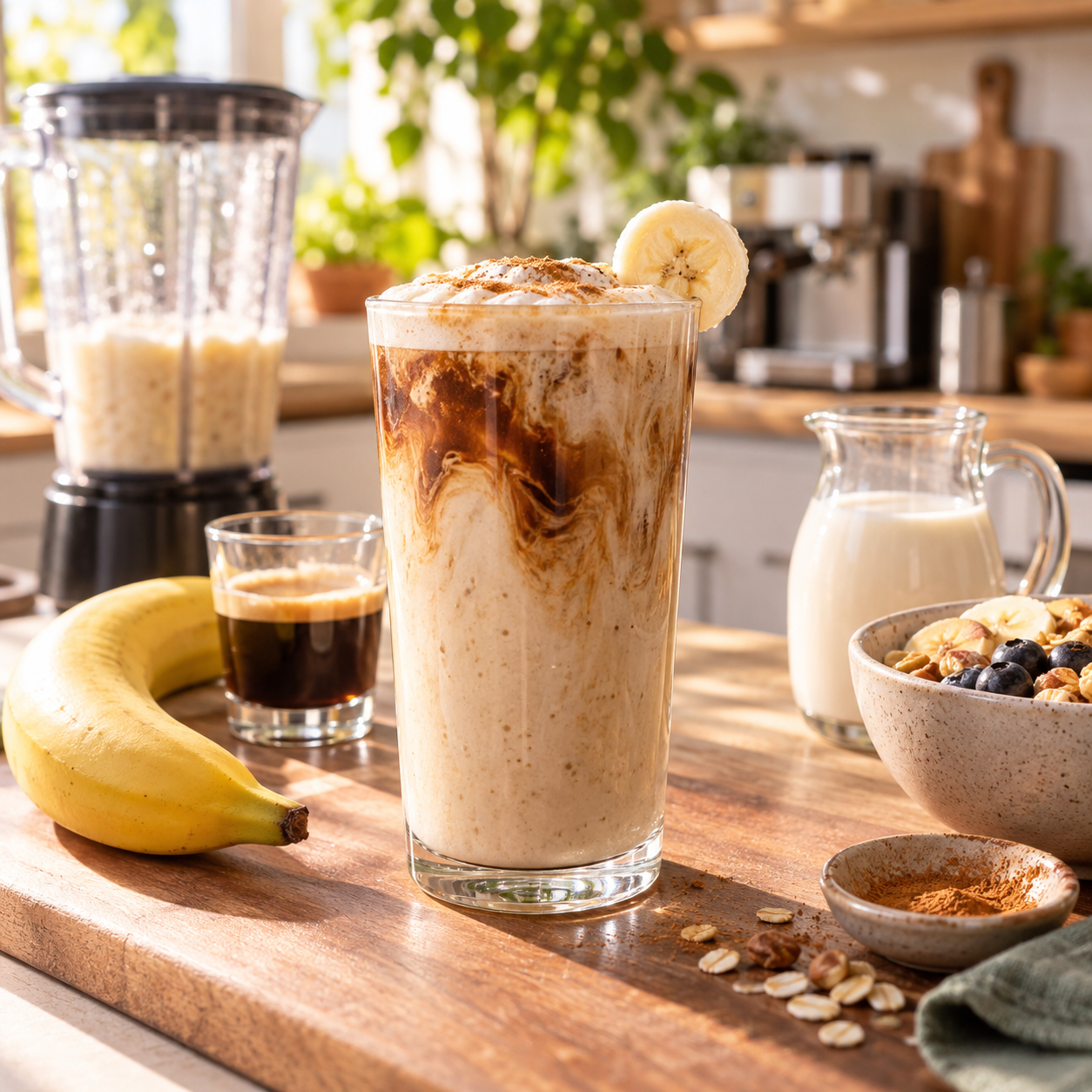 Banana Coffee mit Espresso, Banane und cremigem Milchschaum in einem Glas