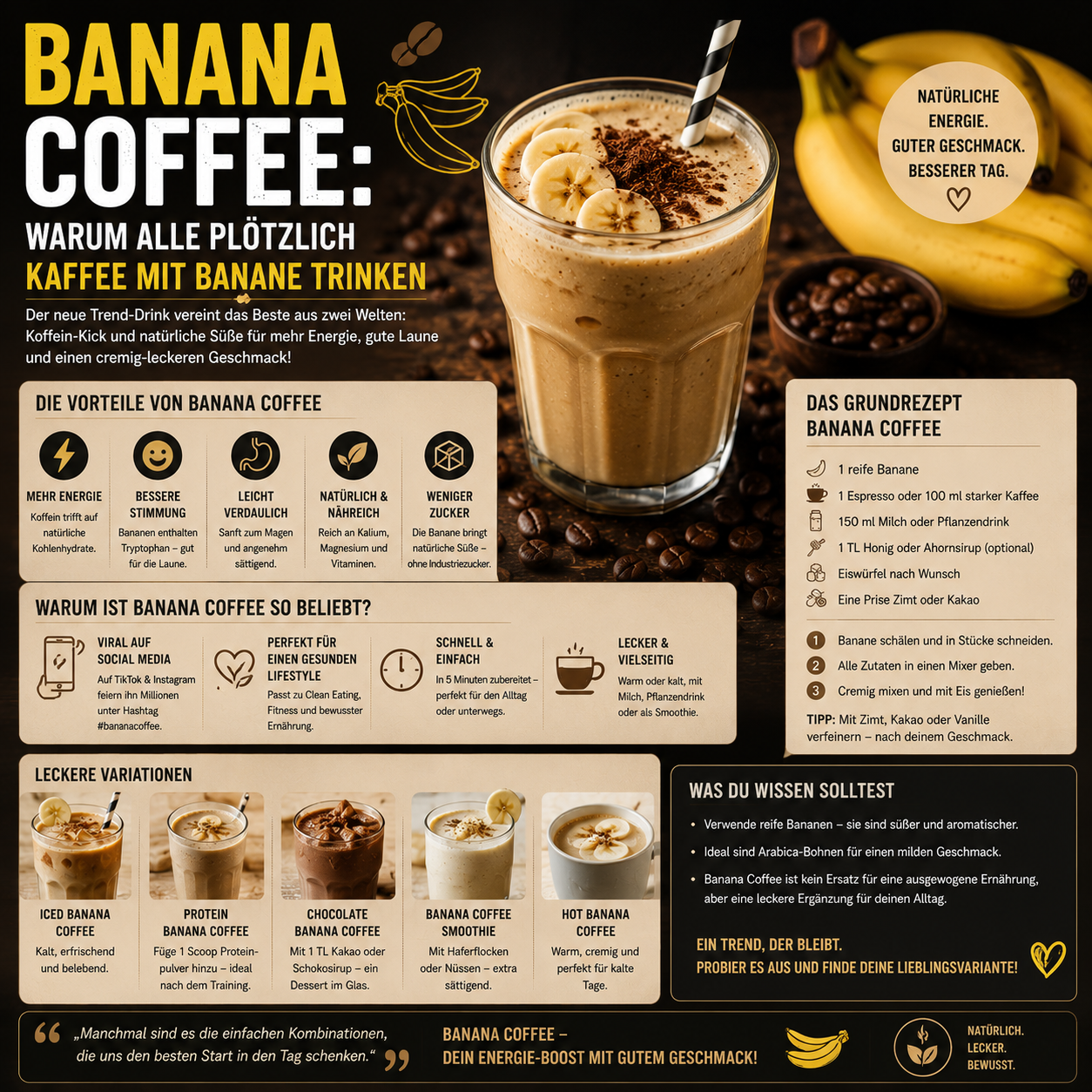 Banana Coffee mit Espresso, Banane und cremigem Milchschaum – trendiges Kaffeegetränk im Glas